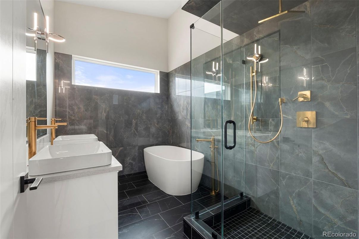 Bathroom, Free Standing Baths, Glass Shower, Interior, Marble Walls
