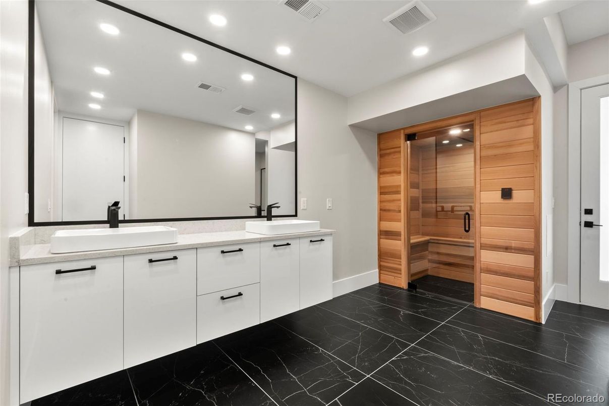 Bathroom, Dual Sink Vanities, Interior, Marble, Recessed Lighting, Sauna Room
