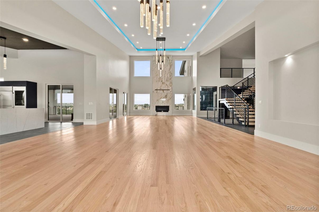 Empty room, Fireplace, Interior, Pendant Lights, Recessed Lighting, Wood Texture Flooring