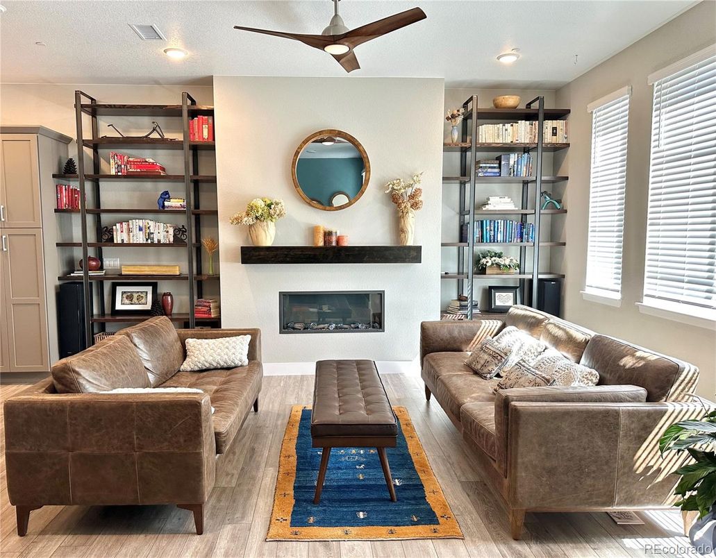 Fireplace, Interior, Living room, Recessed Lighting, Wood Texture Flooring