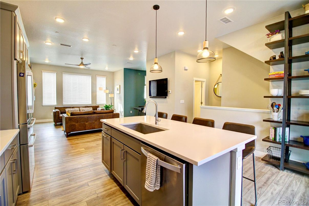 Interior, Kitchen, Living room, Pendant Lights, Recessed Lighting, Wood Texture Flooring