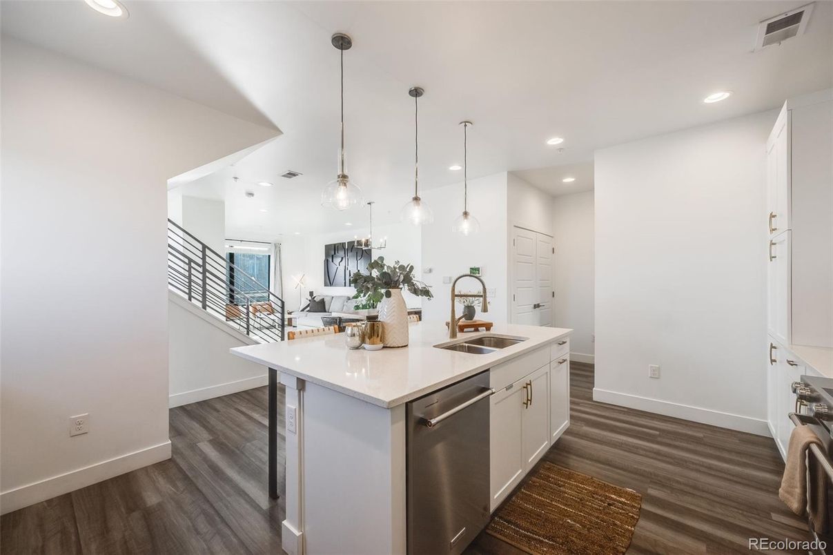 Interior, Kitchen, Pendant Lights, Recessed Lighting, Stainless Steel Appliances, Wood Texture Flooring