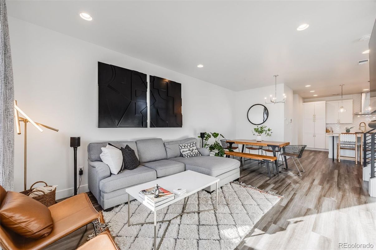 Dining room, Interior, Kitchen, Living room, Pendant Lights, Recessed Lighting, Wood Texture Flooring