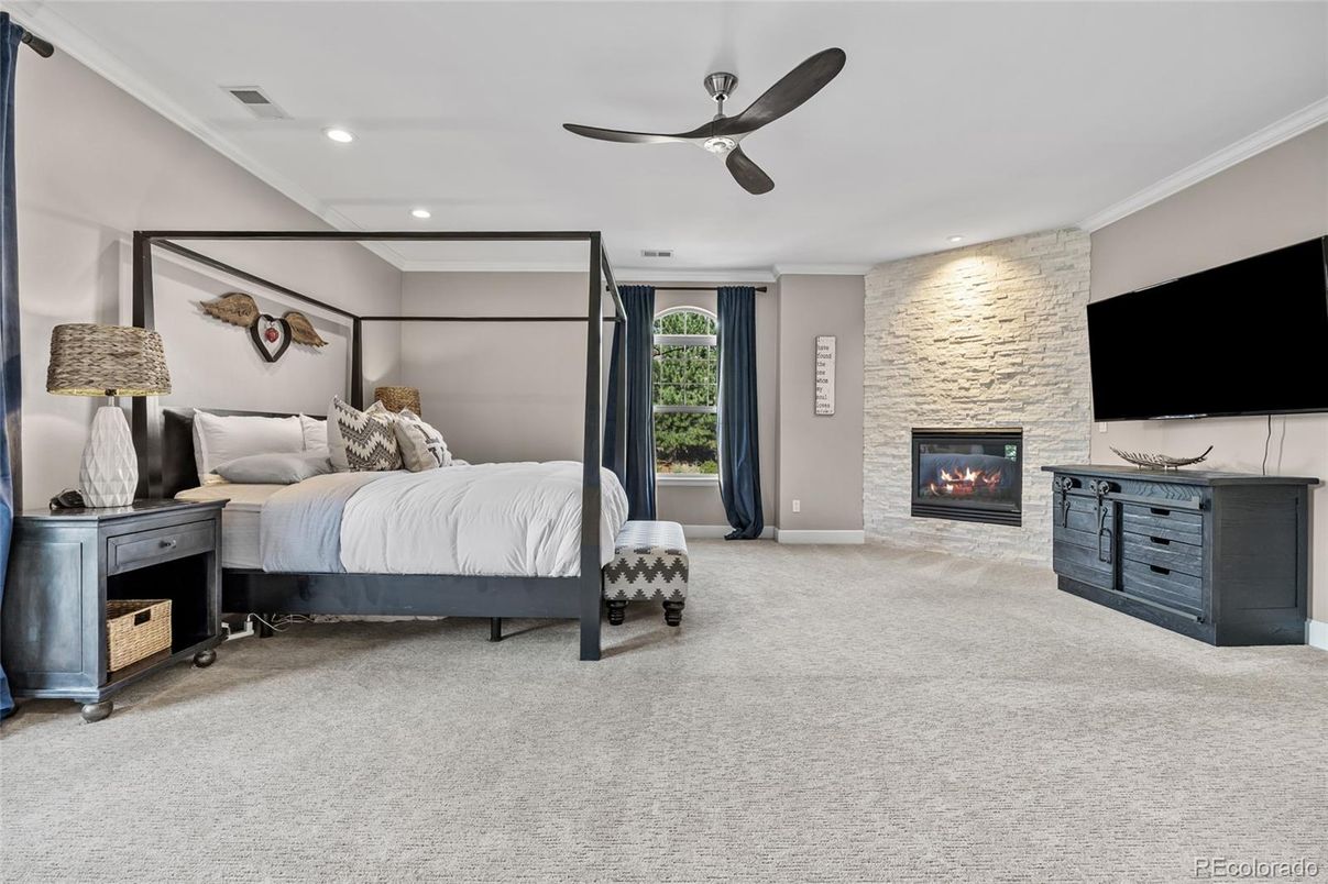 Bedroom, Fireplace, Interior, Recessed Lighting, Stone Walls