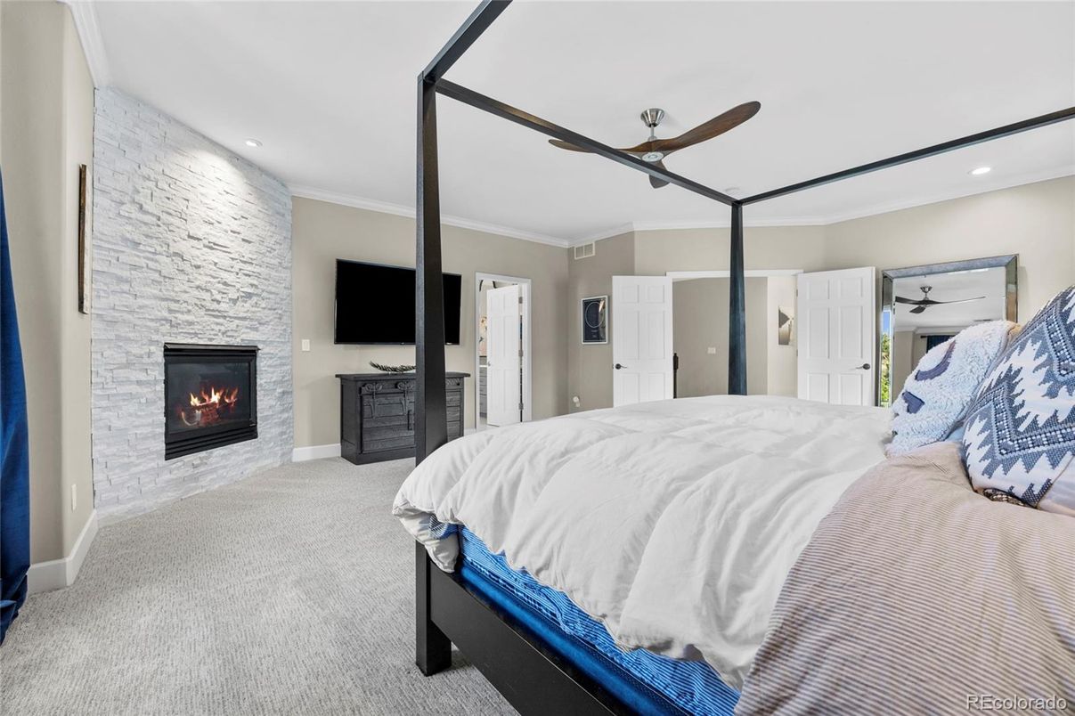 Bedroom, Fireplace, Interior, Recessed Lighting, Stone Walls