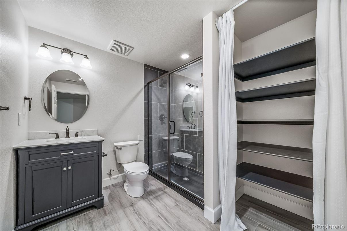 Bathroom, Glass Shower, Interior, Recessed Lighting, Wood Texture Flooring