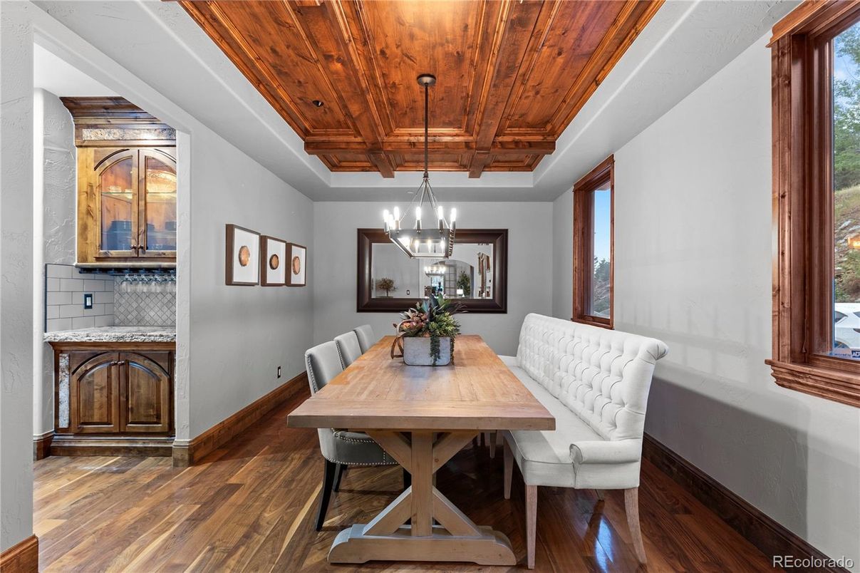Chandelier, Dining room, Interior, Wooden Ceilings, Wood Texture Flooring