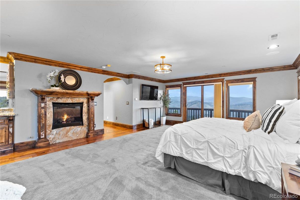 Bedroom, Fireplace, Interior, Recessed Lighting, Wood Texture Flooring