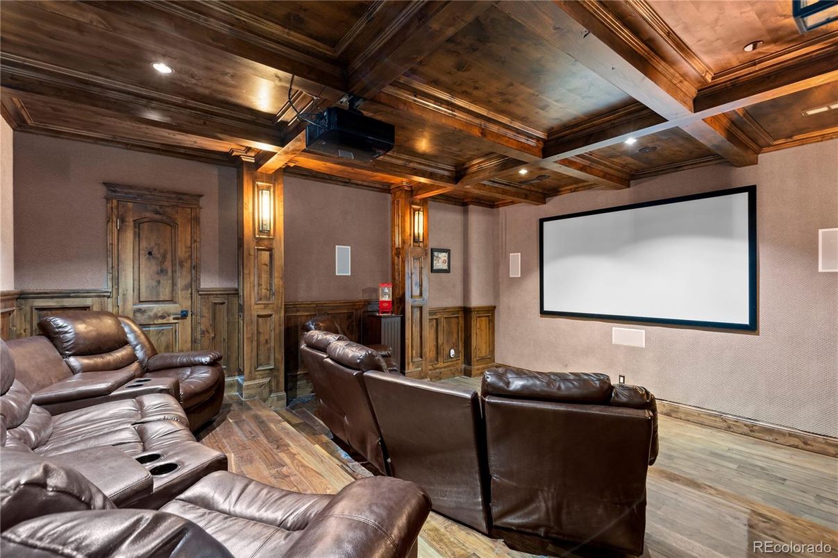 Home Theatre Room, Interior, Projection Screen, Recessed Lighting, Theatre Room, Wooden Ceilings, Wood Texture Flooring