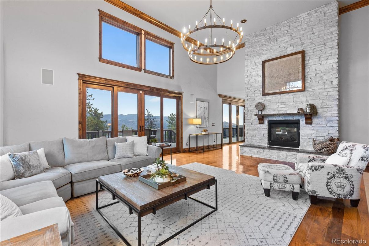 Fireplace, Interior, Living room, Pendant Lights, Stone Walls, Wood Texture Flooring