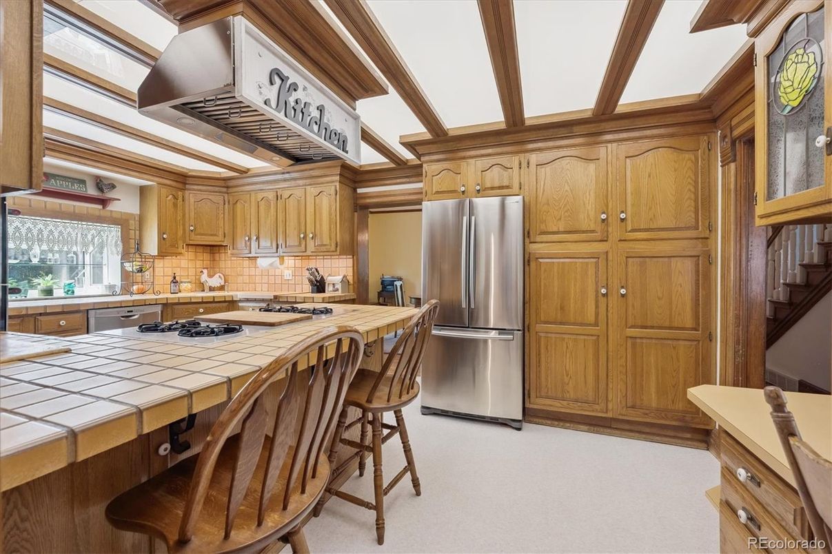 Interior, Kitchen, Stainless Steel Appliances, Tile Countertops, Wooden Beams