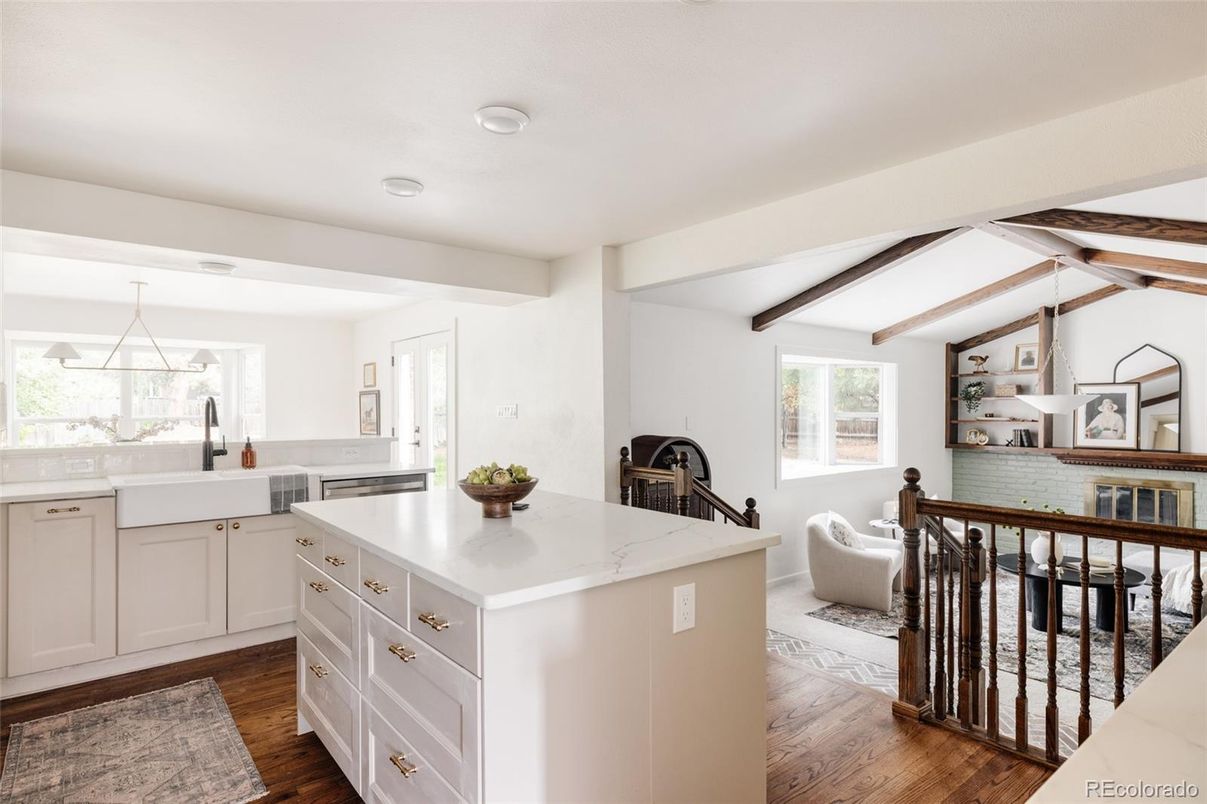 Fireplace, Interior, Kitchen, Pendant Lights, Recessed Lighting, Wooden Beams, Wood Texture Flooring