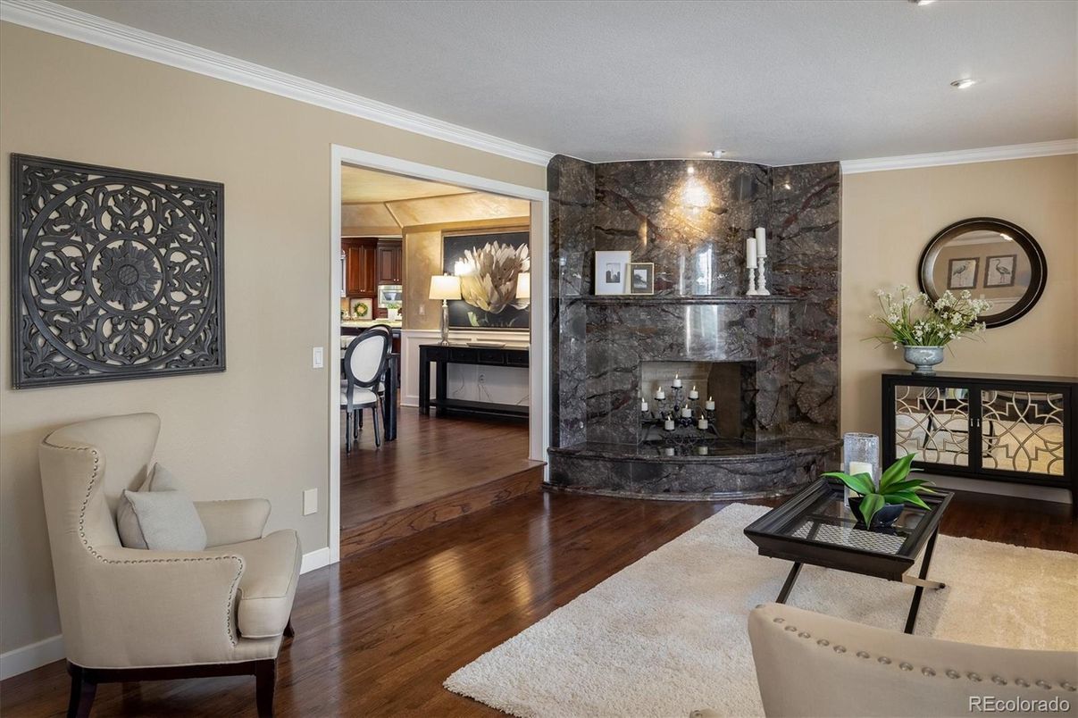 Fireplace, Interior, Living room, Recessed Lighting, Wood Texture Flooring