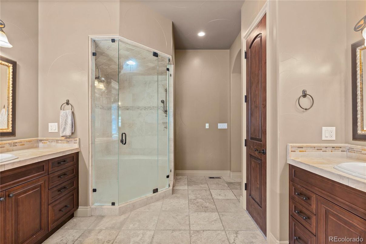 Bathroom, Glass Shower, Interior, Recessed Lighting, Tile Countertops