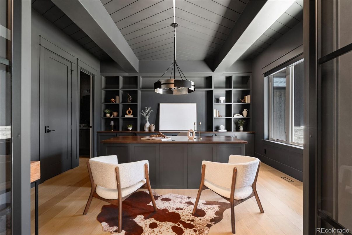Home Office, Interior, Pendant Lights, Wood Texture Flooring