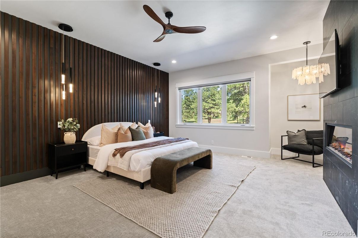 Bedroom, Fireplace, Interior, Pendant Lights, Recessed Lighting