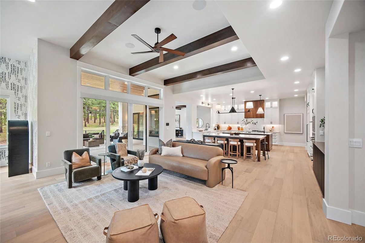 Interior, Kitchen, Living room, Pendant Lights, Recessed Lighting, Stainless Steel Appliances, Wooden Beams, Wood Texture Flooring