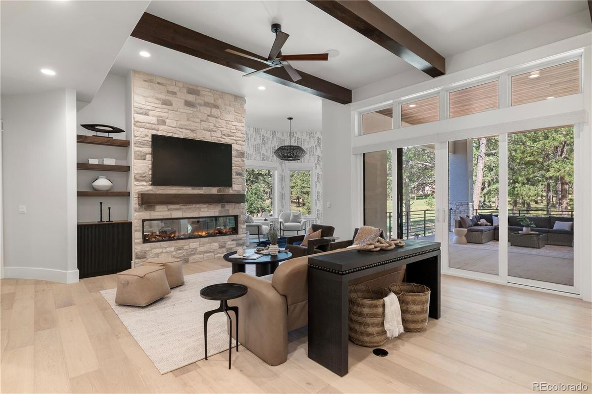 Fireplace, Interior, Living room, Recessed Lighting, Stone Walls, Wooden Beams, Wood Texture Flooring