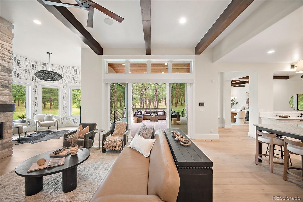 Dining room, Fireplace, Interior, Living room, Recessed Lighting, Wooden Beams, Wood Texture Flooring