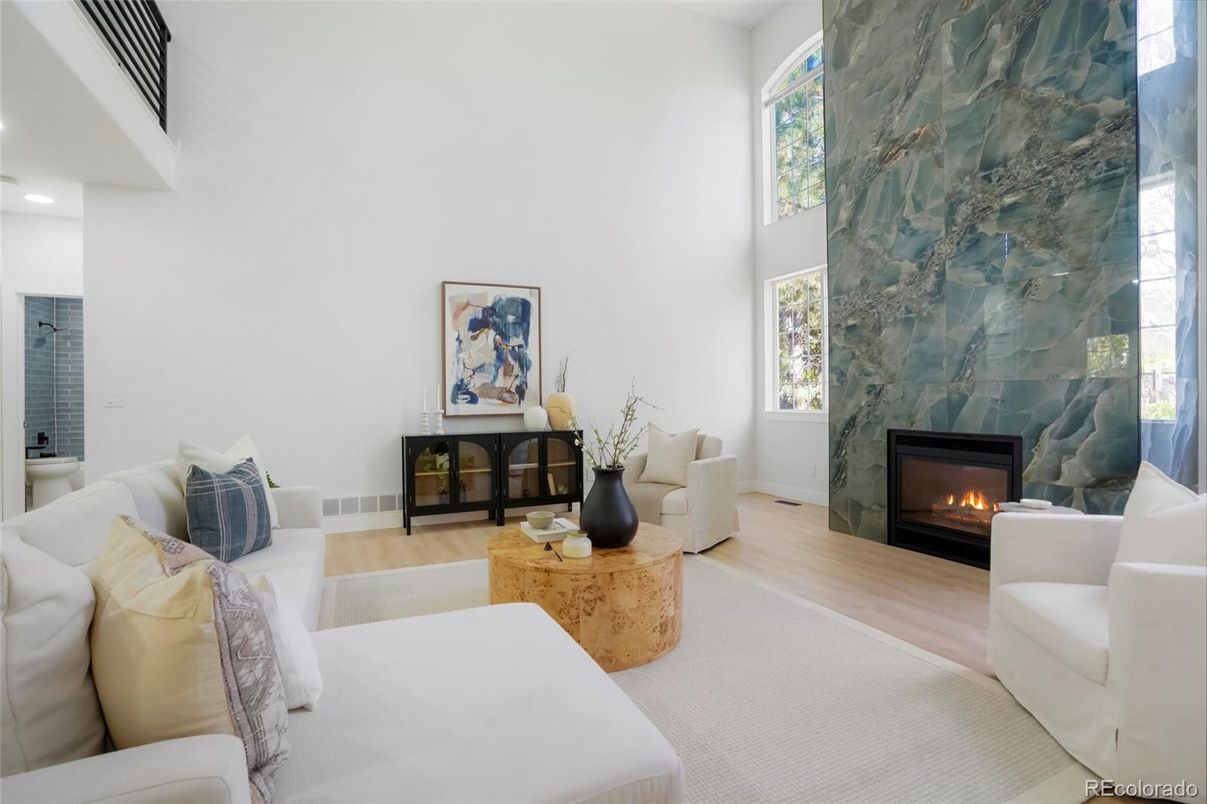 Fireplace, Interior, Living room, Recessed Lighting, Wood Texture Flooring