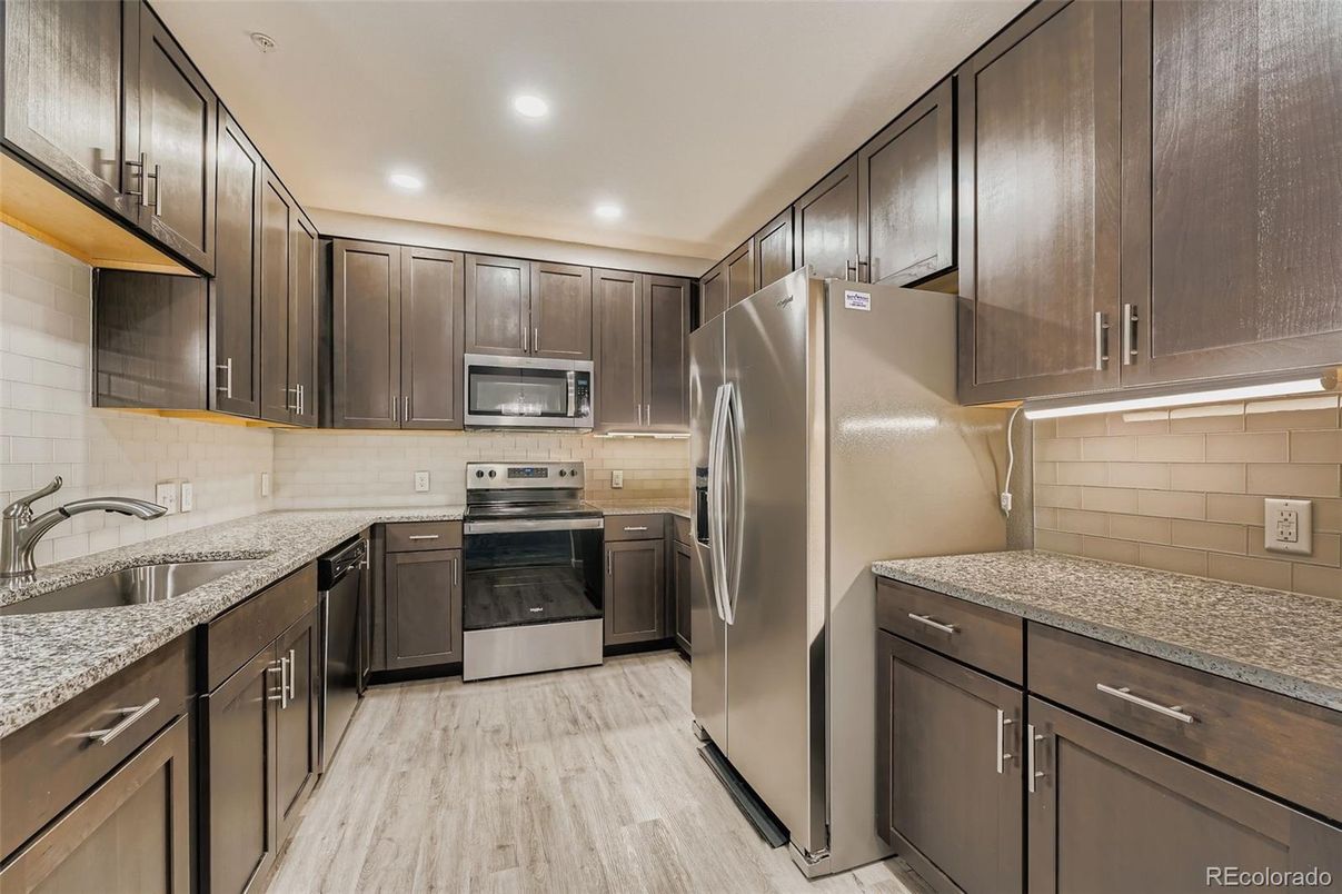 Interior, Kitchen, Recessed Lighting, Stainless Steel Appliances, Wood Texture Flooring