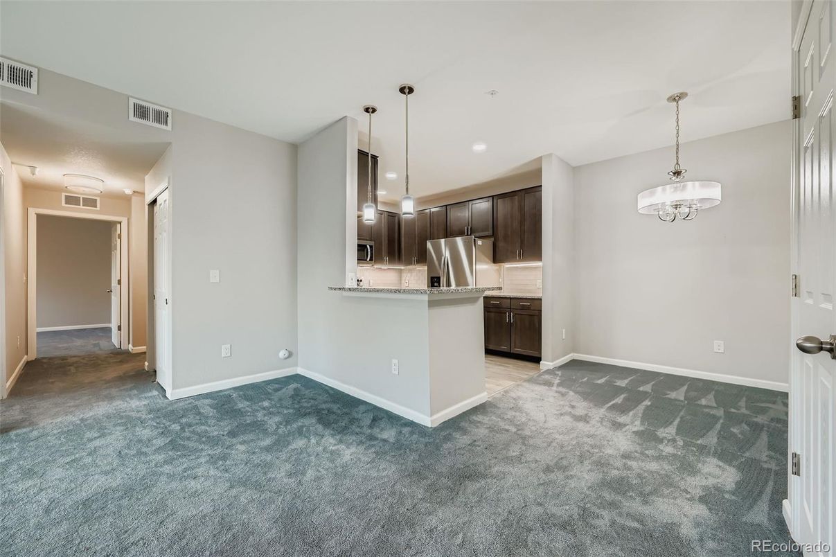 Empty room, Interior, Kitchen, Pendant Lights, Recessed Lighting, Stainless Steel Appliances
