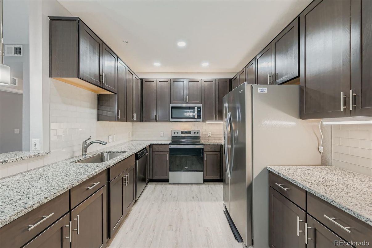 Interior, Kitchen, Recessed Lighting, Stainless Steel Appliances, Wood Texture Flooring