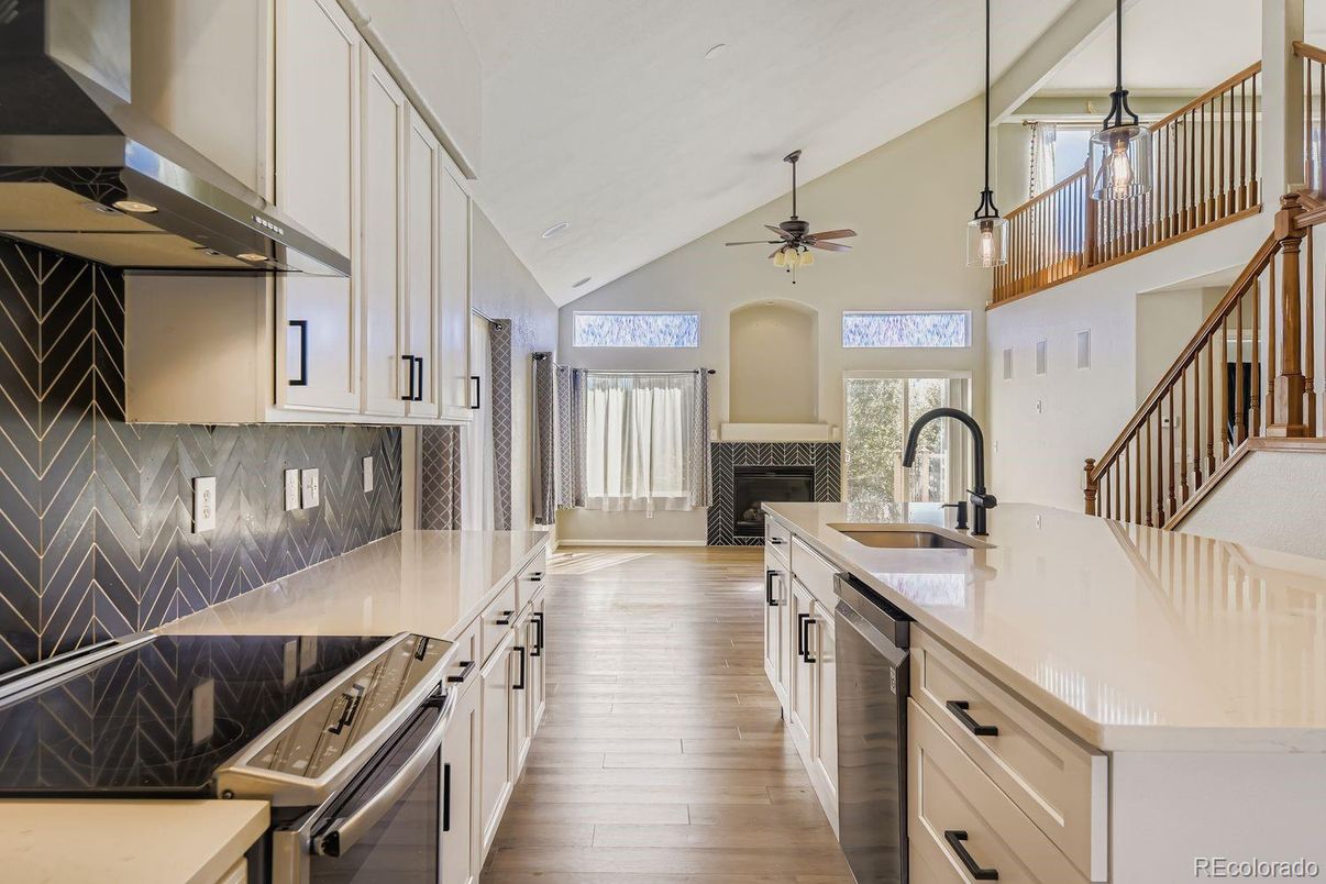 Fireplace, Interior, Kitchen, Pendant Lights, Wood Texture Flooring