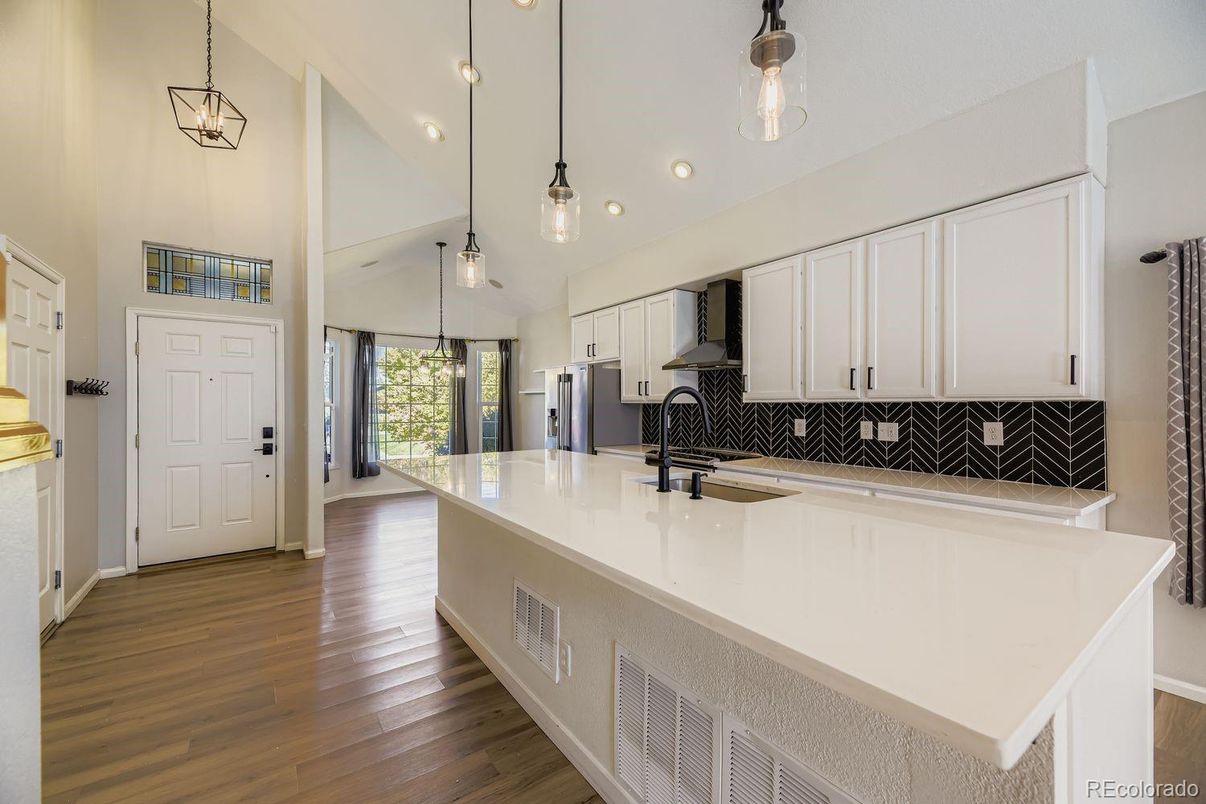 Interior, Kitchen, Pendant Lights, Recessed Lighting, Wood Texture Flooring
