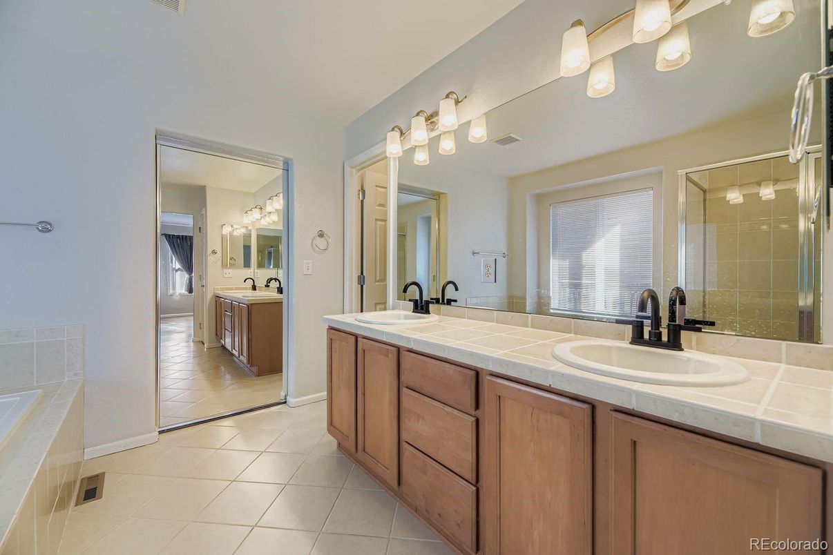 Bathroom, Dual Sink Vanities, Glass Shower, Interior, Tile Countertops