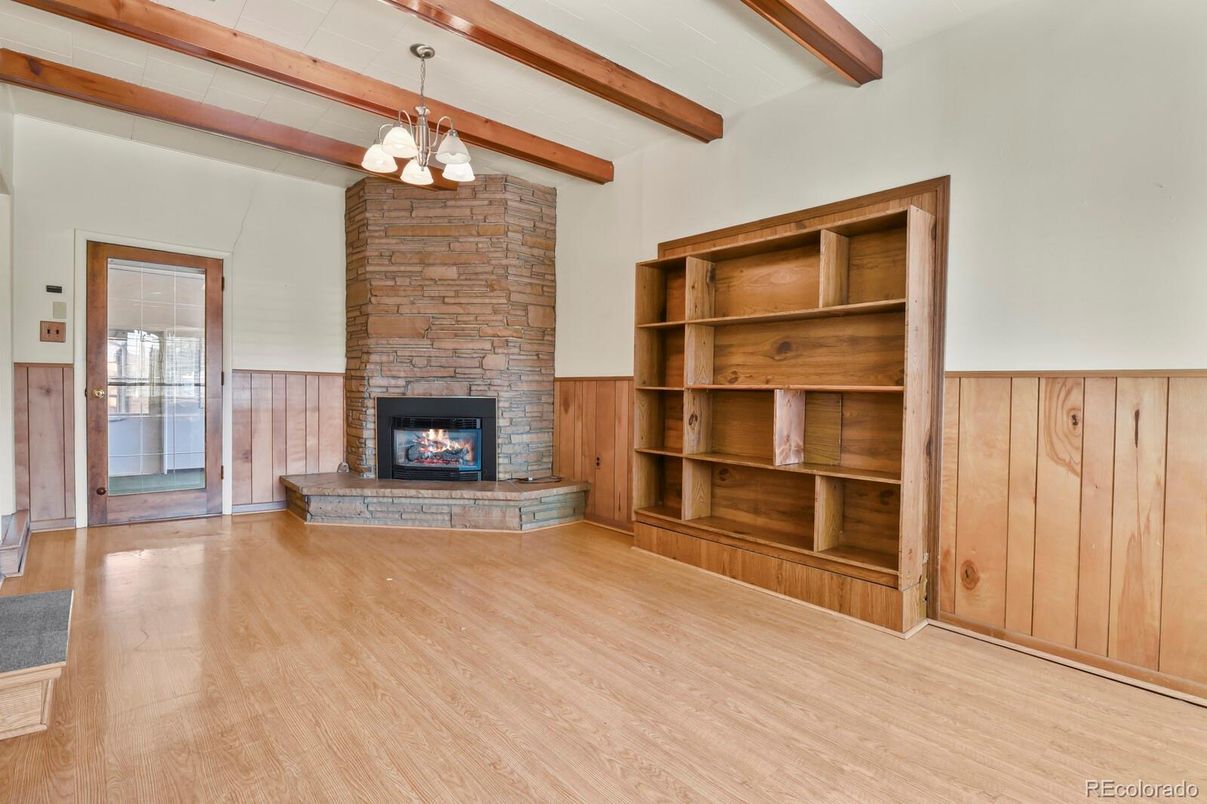Chandelier, Empty room, Fireplace, Interior, Wooden Beams, Wood Texture Flooring