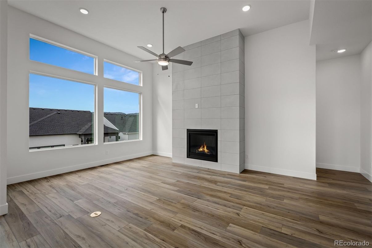 Empty room, Fireplace, Interior, Recessed Lighting, Wood Texture Flooring