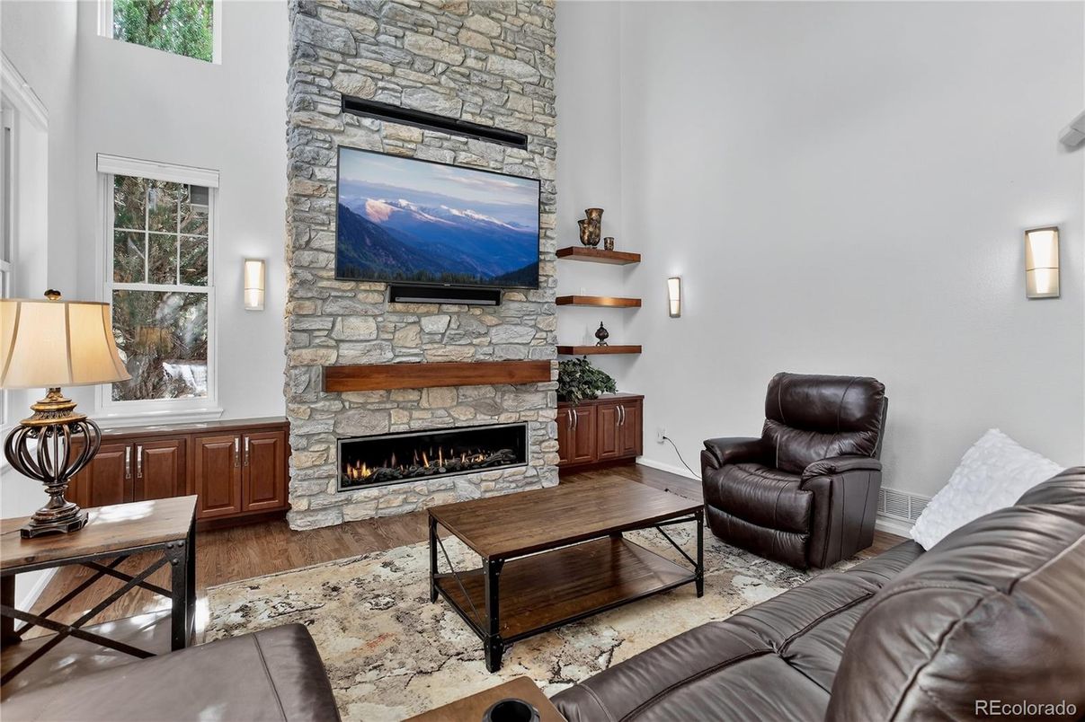 Fireplace, Interior, Living room, Stone Walls, Wood Texture Flooring