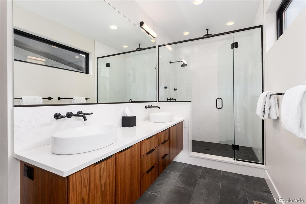 Bathroom, Dual Sink Vanities, Glass Shower, Interior, Recessed Lighting