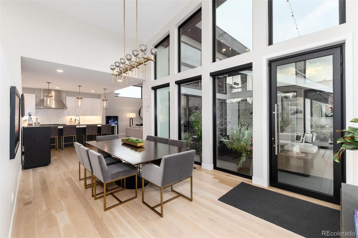Dining room, Interior, Kitchen, Pendant Lights, Recessed Lighting, Wood Texture Flooring