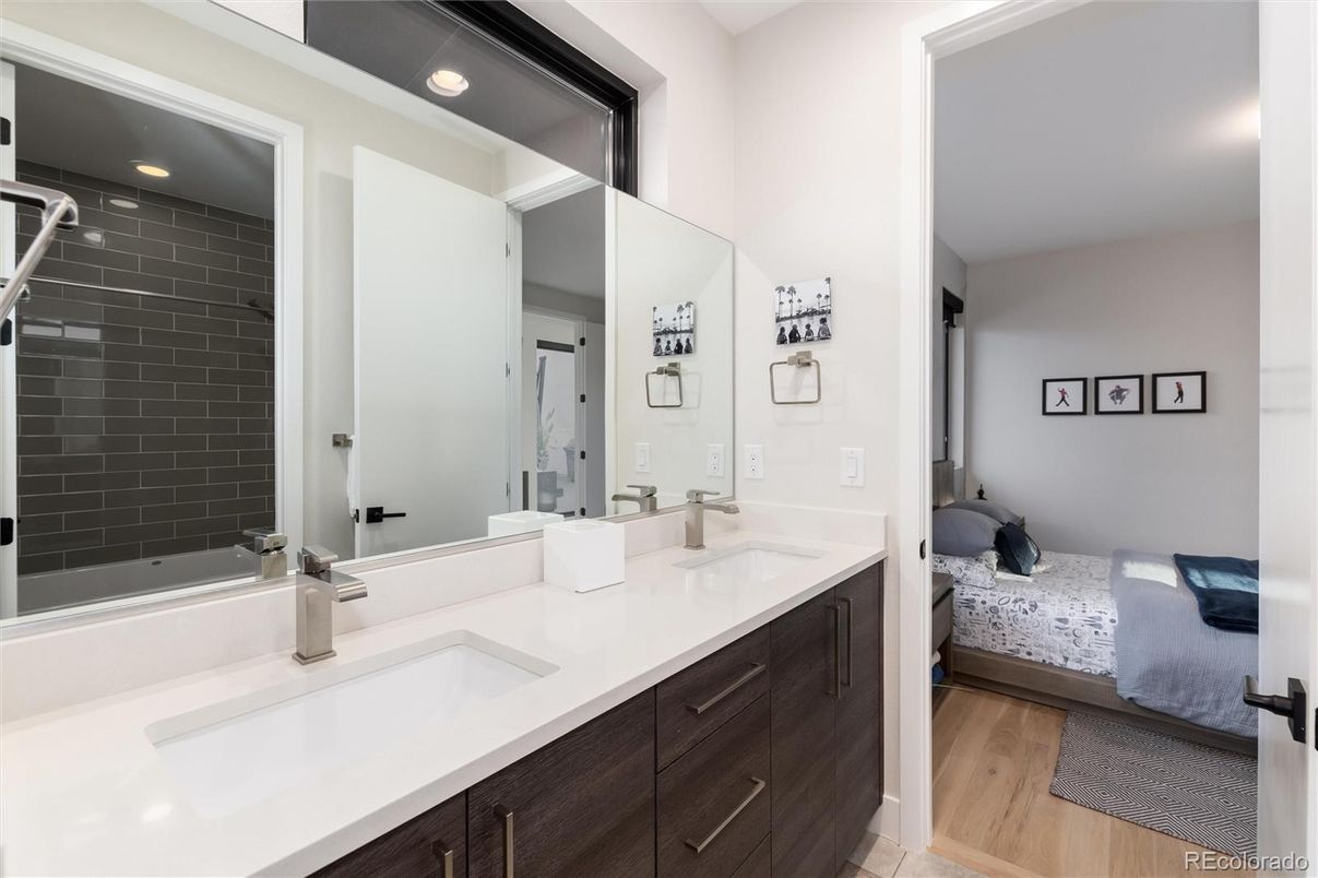 Bathroom, Bedroom, Dual Sink Vanities, Interior, Recessed Lighting, Wood Texture Flooring