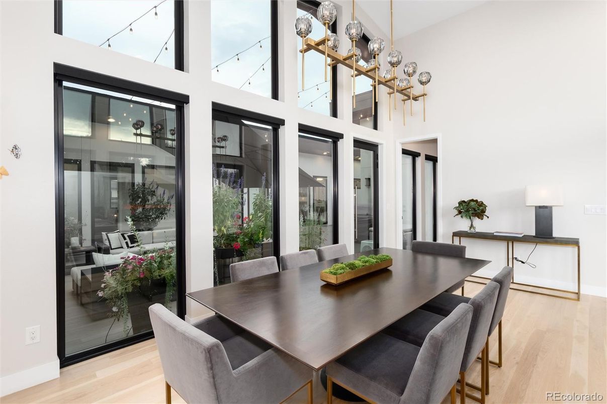 Dining room, Interior, Pendant Lights, Wood Texture Flooring