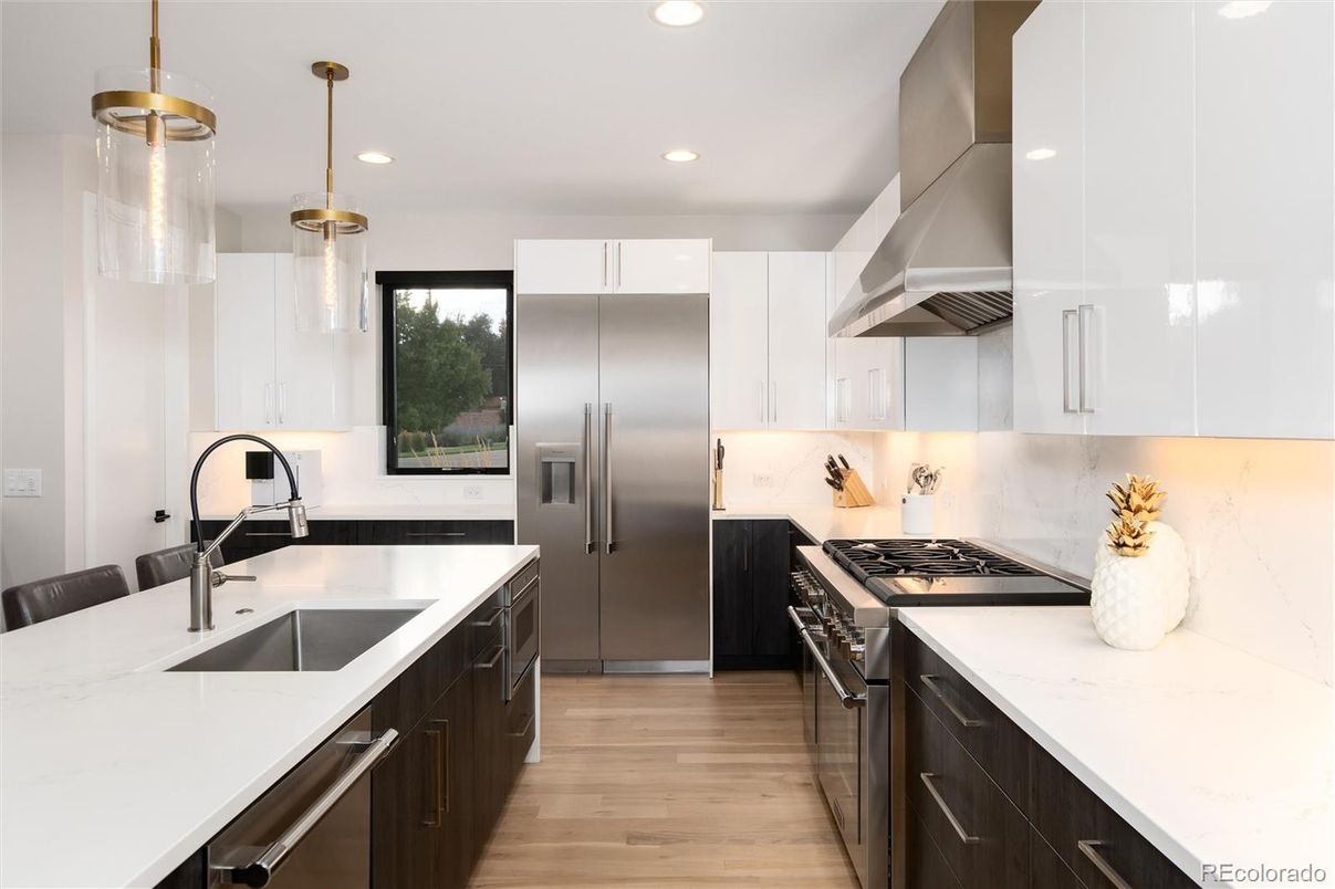 Interior, Kitchen, Pendant Lights, Recessed Lighting, Stainless Steel Appliances, Wood Texture Flooring