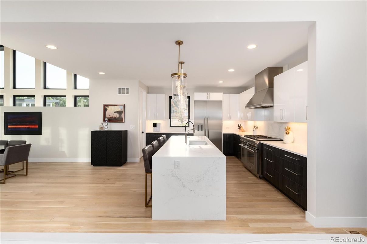 Interior, Kitchen, Pendant Lights, Recessed Lighting, Stainless Steel Appliances, Wood Texture Flooring