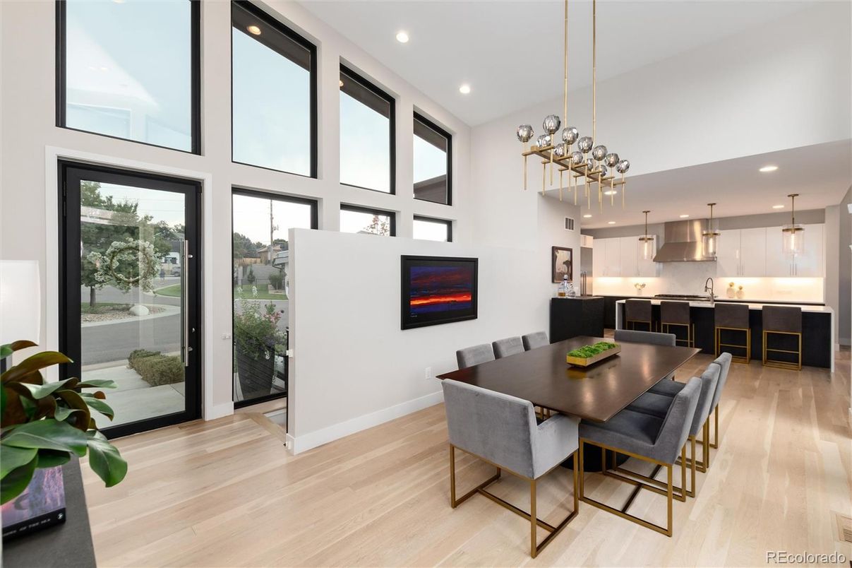 Dining room, Fireplace, Interior, Kitchen, Pendant Lights, Recessed Lighting, Wood Texture Flooring