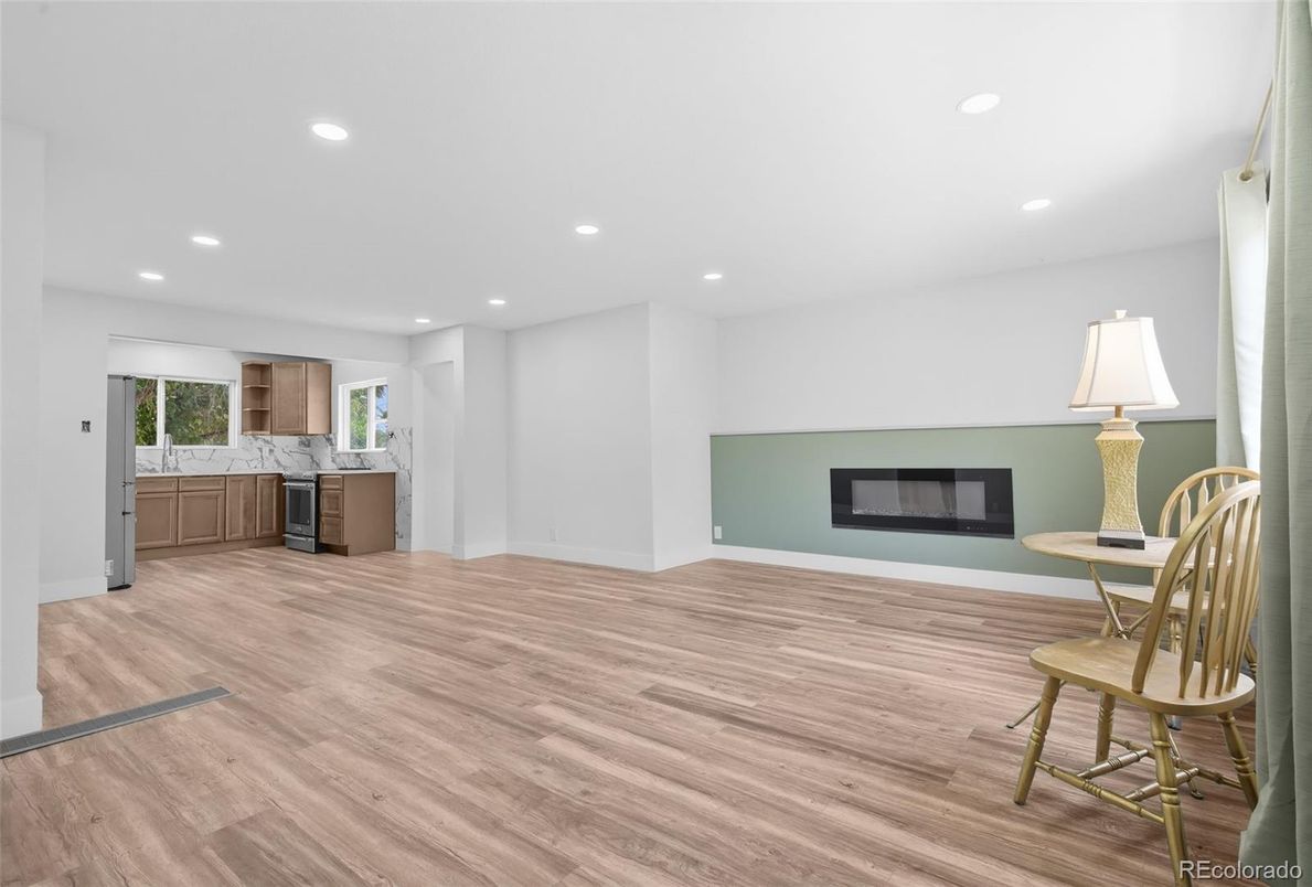 Fireplace, Interior, Kitchen, Recessed Lighting, Wood Texture Flooring