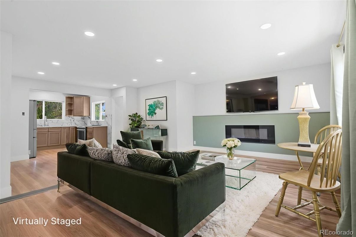 Fireplace, Interior, Living room, Recessed Lighting, Wood Texture Flooring