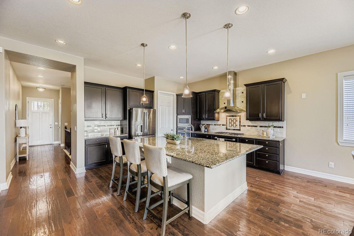 Interior, Kitchen, Pendant Lights, Recessed Lighting, Stainless Steel Appliances, Wood Texture Flooring