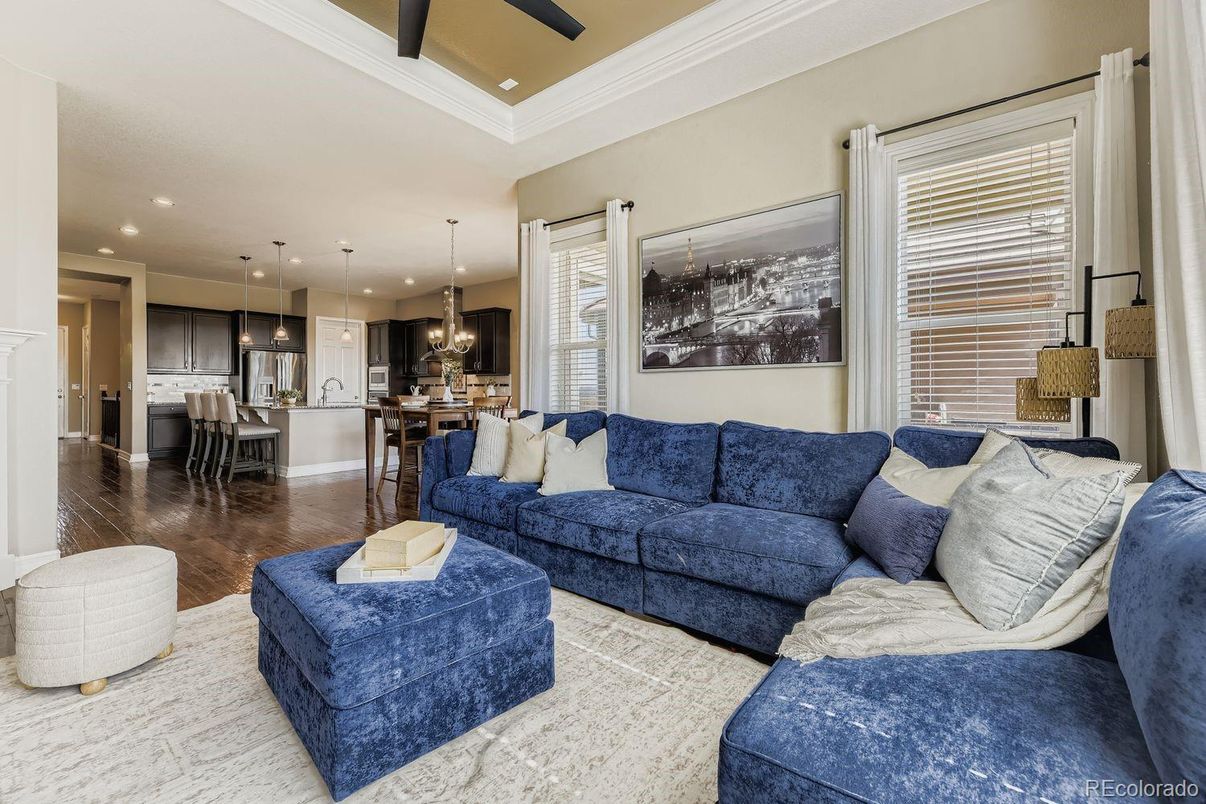 Dining room, Interior, Kitchen, Living room, Pendant Lights, Recessed Lighting, Stainless Steel Appliances, Wood Texture Flooring