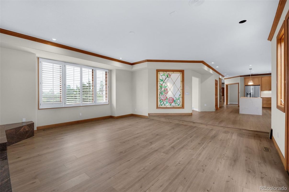 Empty room, Interior, Kitchen, Pendant Lights, Recessed Lighting, Wood Texture Flooring