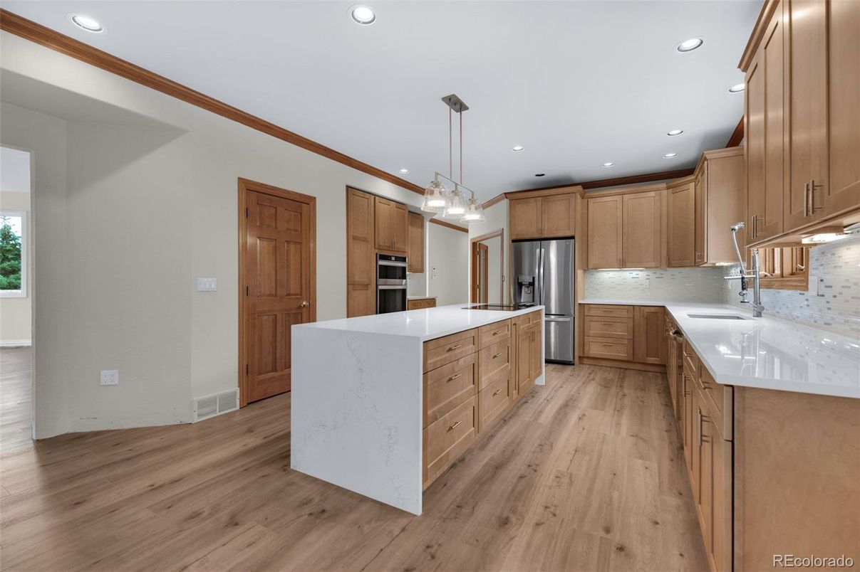 Interior, Kitchen, Pendant Lights, Recessed Lighting, Stainless Steel Appliances, Wood Texture Flooring