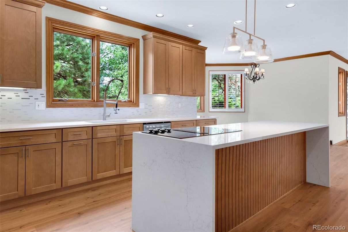 Chandelier, Interior, Kitchen, Pendant Lights, Recessed Lighting, Wood Texture Flooring