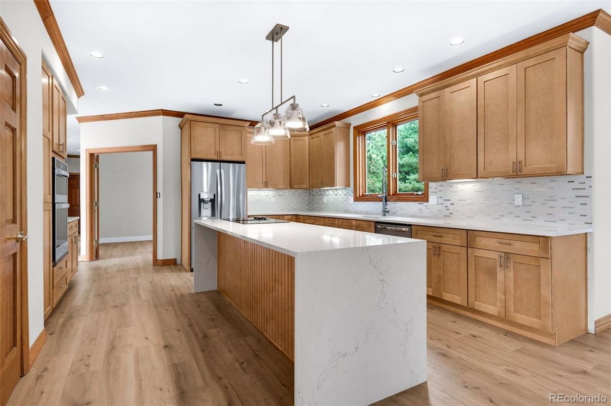 Interior, Kitchen, Pendant Lights, Recessed Lighting, Stainless Steel Appliances, Wood Texture Flooring