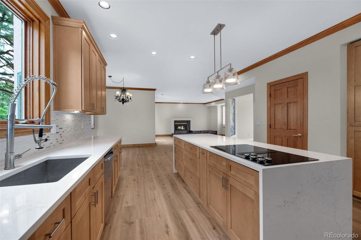 Chandelier, Interior, Kitchen, Pendant Lights, Recessed Lighting, Wood Texture Flooring