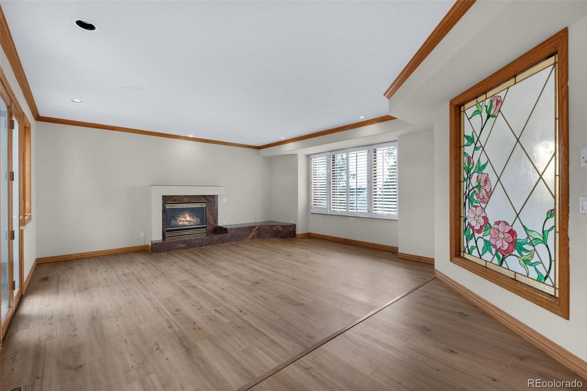 Empty room, Fireplace, Interior, Recessed Lighting, Wood Texture Flooring